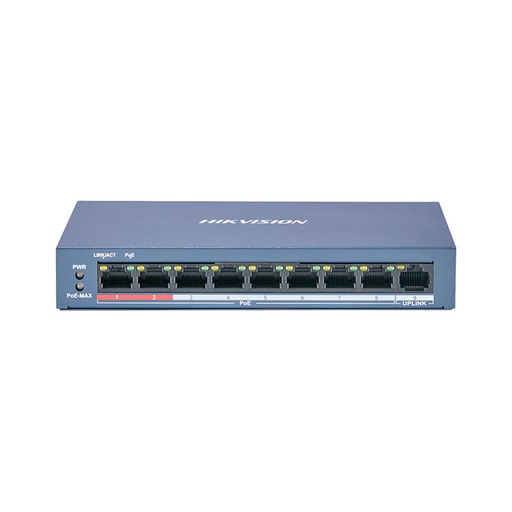 Switch PoE 9 puertos Hikvision 8 POE +1 uplink potencia 65W (DS-3E0109P-E/M)